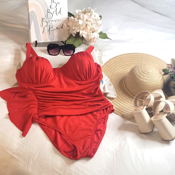 Rhode Red Embossed Dot Ruffle Medium Coverage One Piece Swimsuit - RHODE - Picture 1 of 13